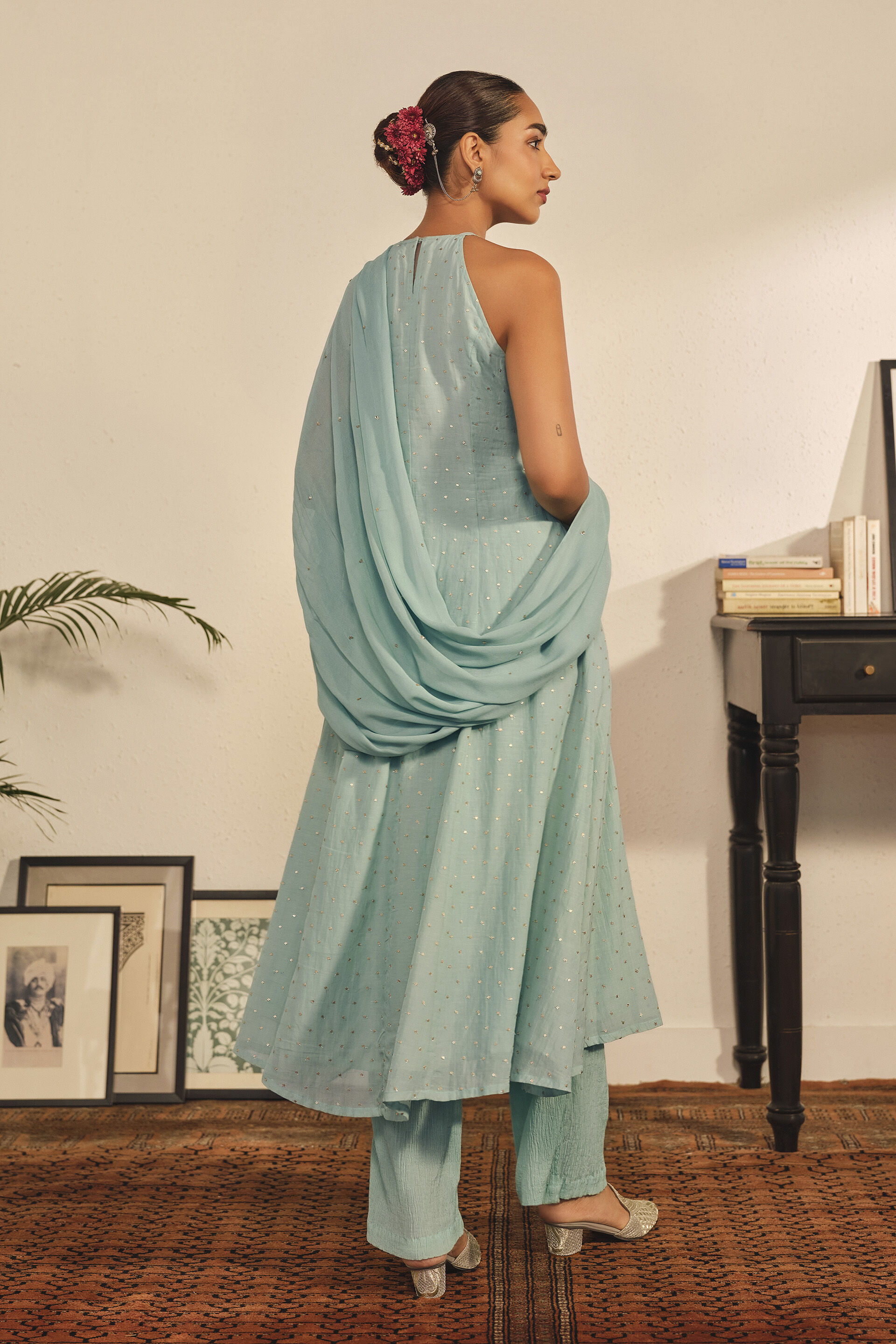 Embroidered A-line Kurta Set in Sky Blue, Sky Blue, image 3